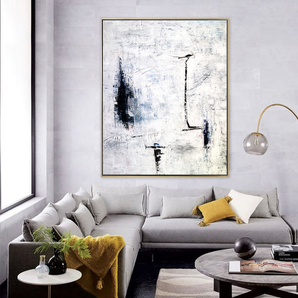 Minimalism Original Abstract Painting in Acrylic, Large Black & White Contemporary Modern Canvas Wall Art | Trace