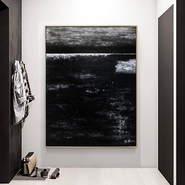 Modern Expressionism Abstract Painting, Black & White Canvas Art in Monochromatic Minimalism | Black Abstract II