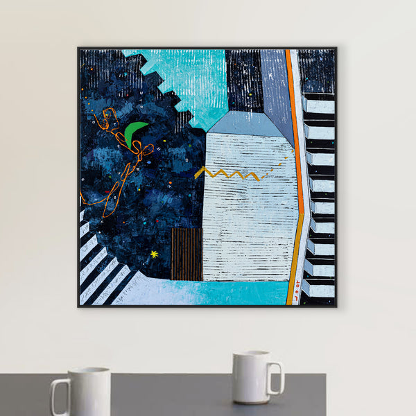 Captivating Modern Abstract Geometry Original Painting, Canvas Wall Art in Blue Tones | Under the green moonlight III (30"x30")