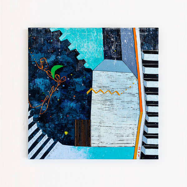 Captivating Modern Abstract Geometry Original Painting, Canvas Wall Art in Blue Tones | Under the green moonlight III (30"x30")