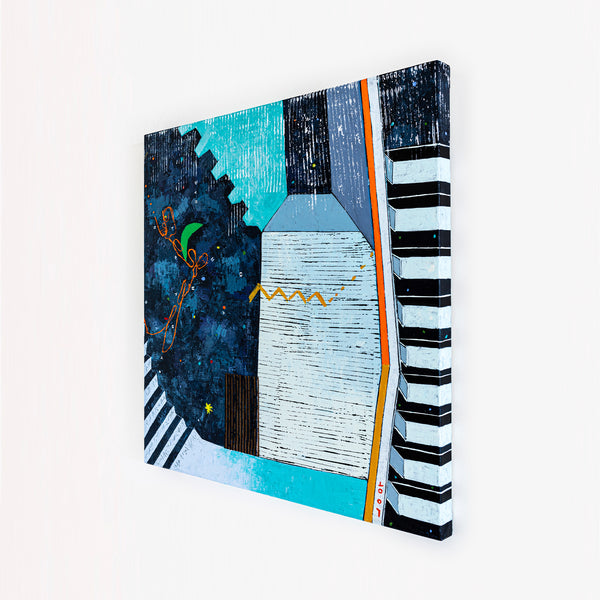 Captivating Modern Abstract Geometry Original Painting, Canvas Wall Art in Blue Tones | Under the green moonlight III (30"x30")