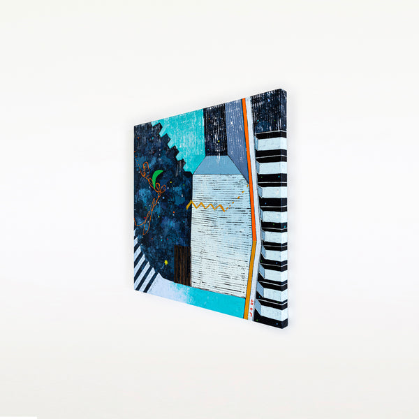 Captivating Modern Abstract Geometry Original Painting, Canvas Wall Art in Blue Tones | Under the green moonlight III (30"x30")