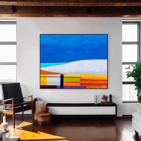 Blue Large and Unique Original Abstract Painting in Acrylic, Geometric Minimalist Modern Canvas Wall Art | Vibe