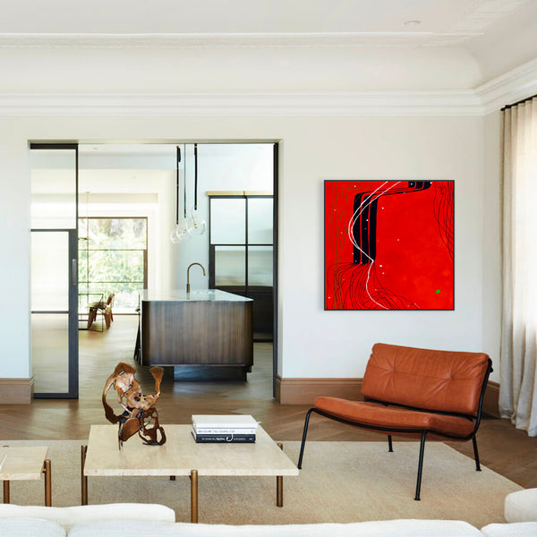 Harmony of Minimalism and Textures in Abstract Original Painting, Canvas Wall Art with Red Oil and Acrylic | Viento (40"x40")