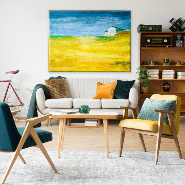 Landscape Original Fine Art Painting Reflecting Warm Memories of a Radiant Expanse, Canvas Wall Art | Yellow Field