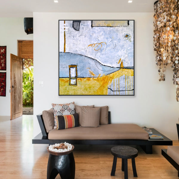 Surrealist Landscape Original Abstract Painting in Acrylic, Modern Large Artistry Wall Art | Yellow telephone booth