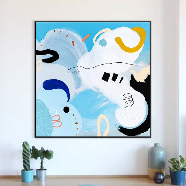Large Original Abstract Playful Painting Sky Blue Modern Canvas Wall Art | Yoso (44"x44")