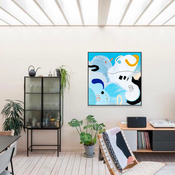 Large Original Abstract Playful Painting Sky Blue Modern Canvas Wall Art | Yoso (44"x44")