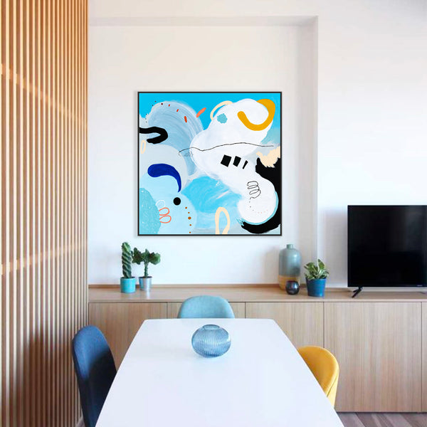 Large Original Abstract Playful Painting Sky Blue Modern Canvas Wall Art | Yoso (44"x44")