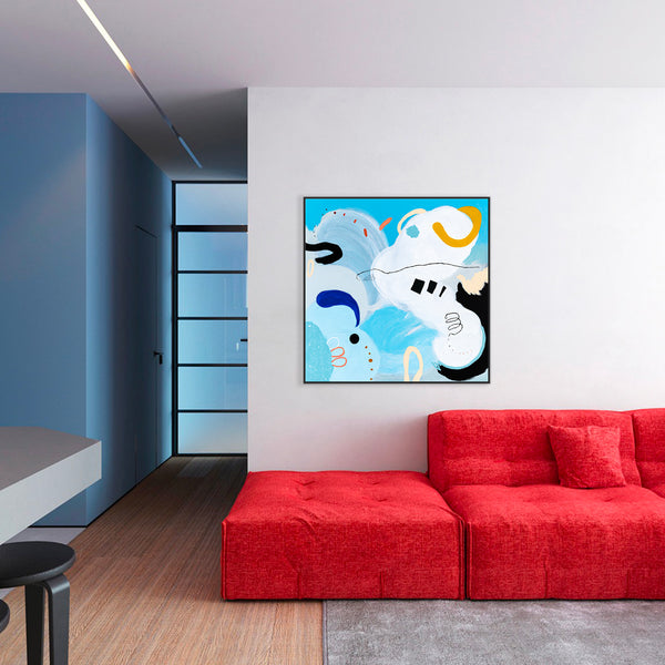 Large Original Abstract Playful Painting Sky Blue Modern Canvas Wall Art | Yoso (44"x44")