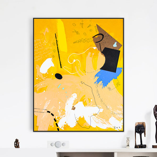 Vibrant Expression in Modern Abstract Original Painting, Canvas Wall Art | A black dot in a yellow space (40"x50")