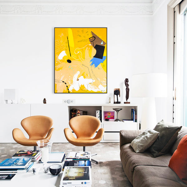 Vibrant Expression in Modern Abstract Original Painting, Canvas Wall Art | A black dot in a yellow space (40"x50")