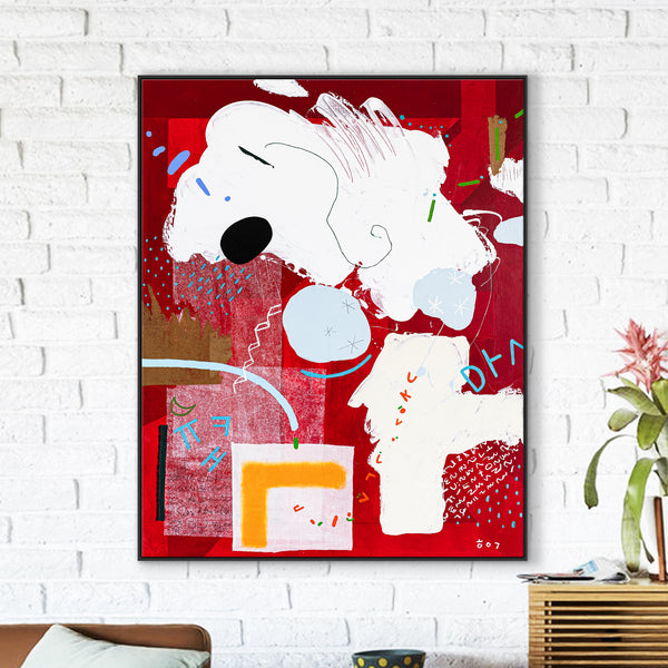 Vivid, Cheerful Journey Through Abstract Original Painting, Modern Canvas Wall Art | A black dot in red space (40"x50")