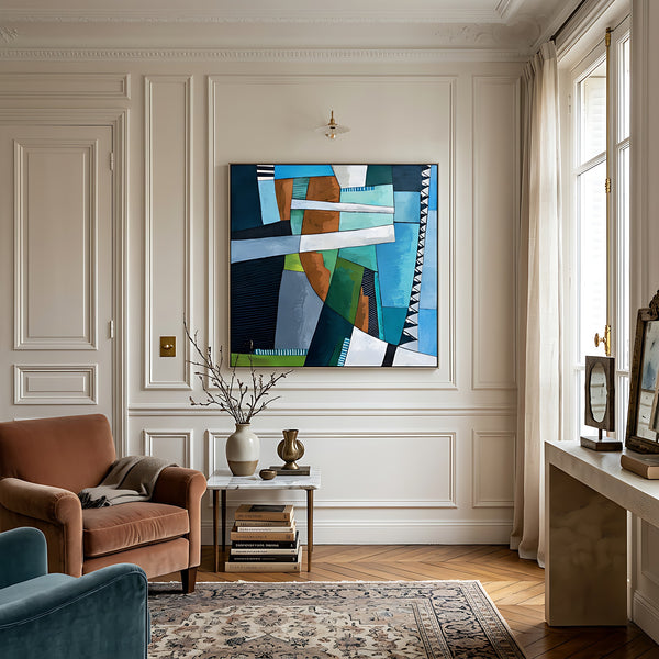 Abstract Wall Art, Large Green Minimalist Original Oil Painting — Textured Canvas Statement — "Ager et Caelum"