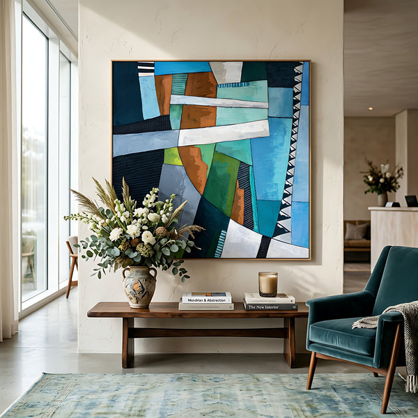 Abstract Wall Art, Large Green Minimalist Original Oil Painting — Textured Canvas Statement — "Ager et Caelum"