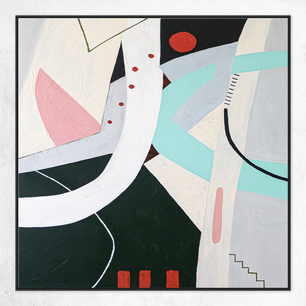 Whimsical Abstract Canvas Wall Art, Playful Contemporary Abstract Painting | A red circle's playhouse (Square Ver.)