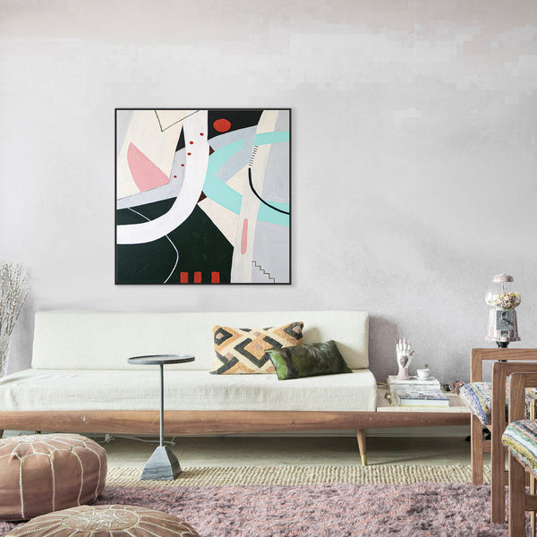 Whimsical Abstract Canvas Wall Art, Playful Contemporary Abstract Painting | A red circle's playhouse (Square Ver.)