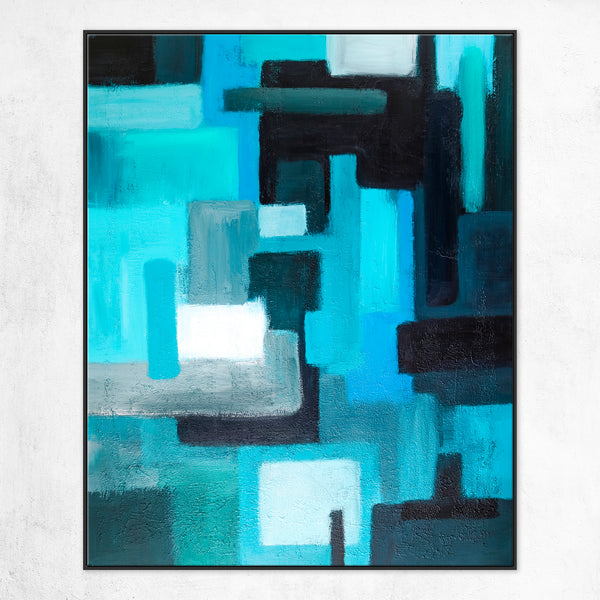 Original Abstract Painting in Acrylic, Large Canvas Wall Art of Overlapping Turquoise and Black Shapes | Assembled