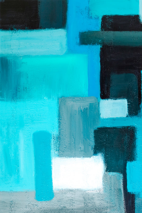 Original Abstract Painting in Acrylic, Large Canvas Wall Art of Overlapping Turquoise and Black Shapes | Assembled