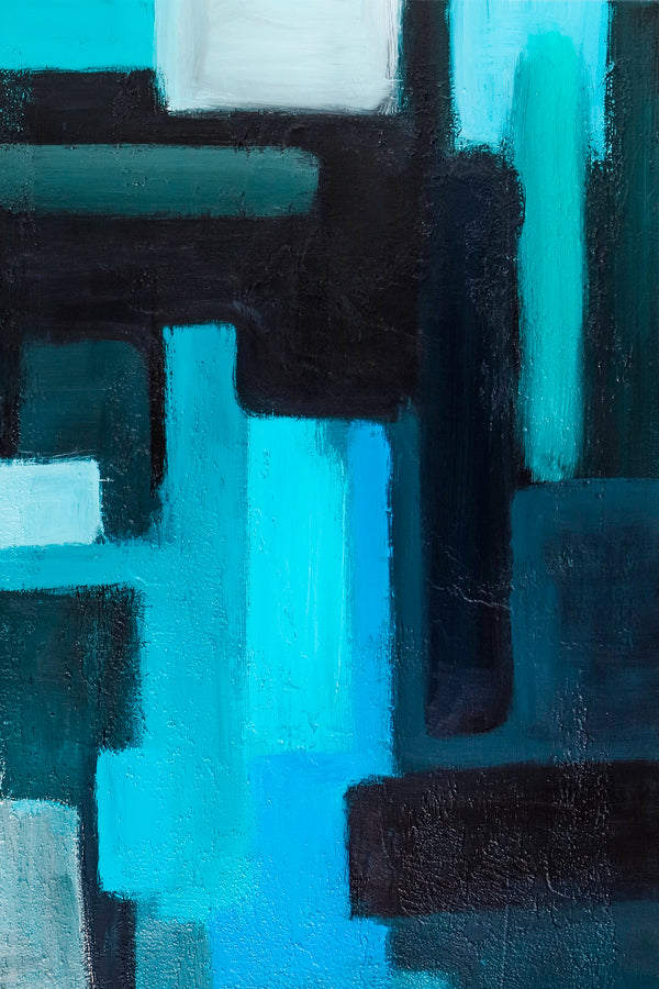 Original Abstract Painting in Acrylic, Large Canvas Wall Art of Overlapping Turquoise and Black Shapes | Assembled