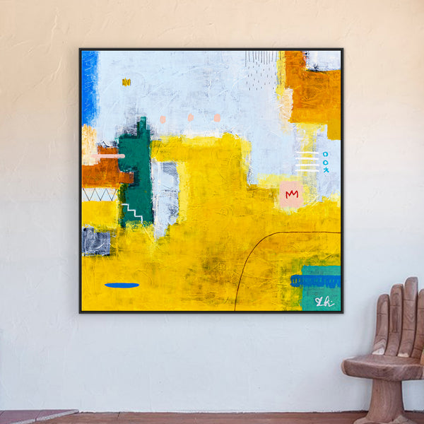 Modern Original Abstract Acrylic Painting, Playful with Bright Yellow Emphasis Large Canvas Wall Art | Belle