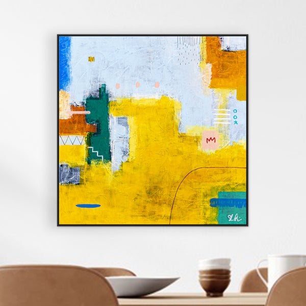 Modern Original Abstract Acrylic Painting, Playful with Bright Yellow Emphasis Canvas Wall Art | Belle (24"x24")