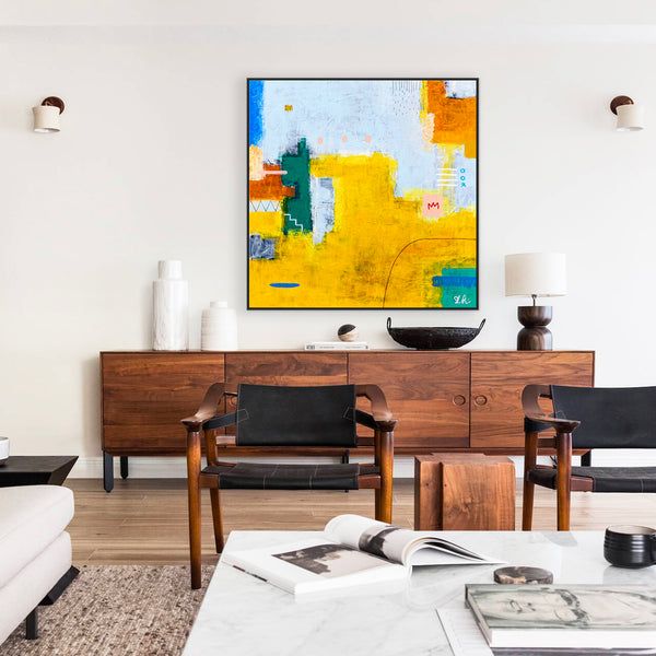Modern Original Abstract Acrylic Painting, Playful with Bright Yellow Emphasis Large Canvas Wall Art | Belle