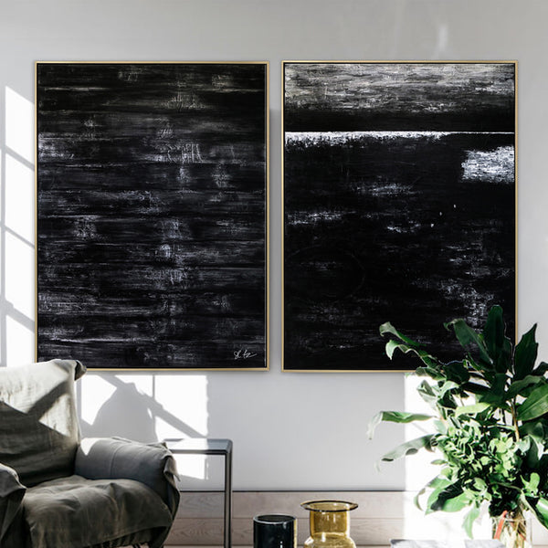 2 Set of Modern Expressionism Abstract Painting, Black & White Canvas Art in Minimalism | Black Abstract (2 Set)