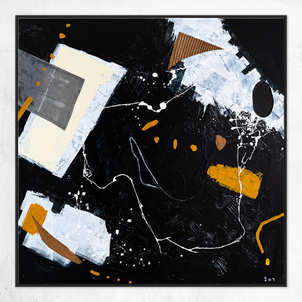 Dynamic Mixed Media Modern Abstract Original Painting, Canvas Wall Art in Monochrome Palette | Black abstract with objects (40"x40")