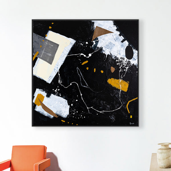 Dynamic Mixed Media Modern Abstract Original Painting, Canvas Wall Art in Monochrome Palette | Black abstract with objects (40"x40")