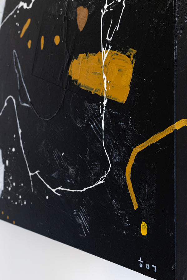 Dynamic Mixed Media Modern Abstract Original Painting, Canvas Wall Art in Monochrome Palette | Black abstract with objects (40"x40")