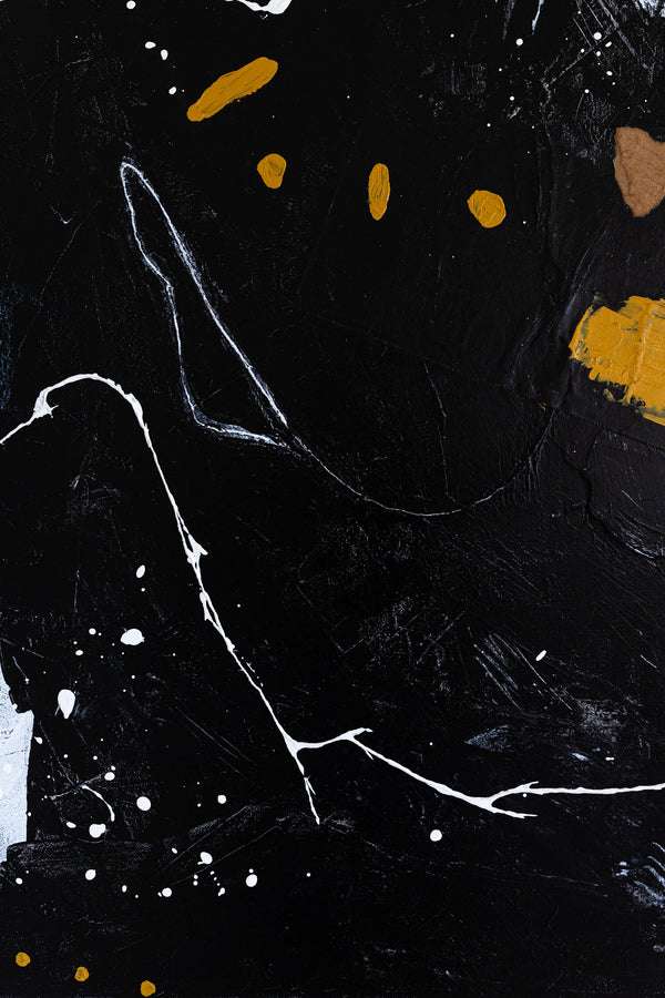 Dynamic Mixed Media Modern Abstract Original Painting, Canvas Wall Art in Monochrome Palette | Black abstract with objects (40"x40")