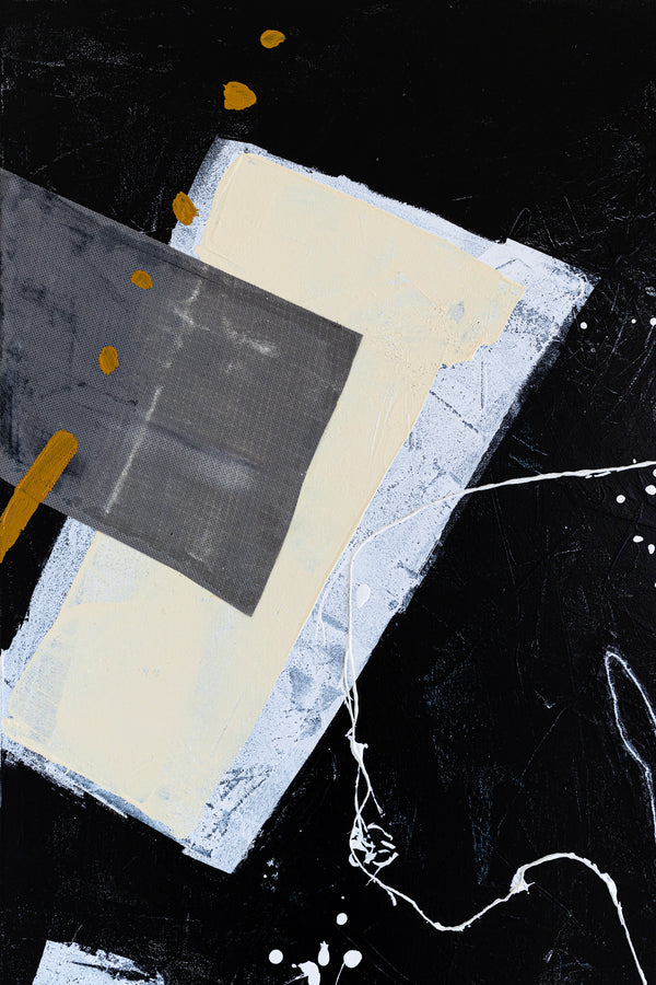 Dynamic Mixed Media Modern Abstract Original Painting, Canvas Wall Art in Monochrome Palette | Black abstract with objects (40"x40")