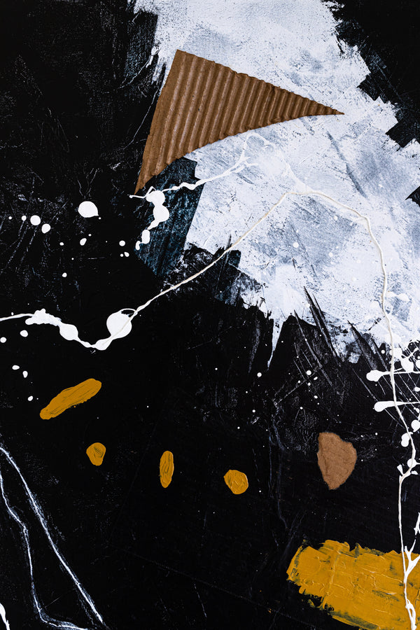 Dynamic Mixed Media Modern Abstract Original Painting, Canvas Wall Art in Monochrome Palette | Black abstract with objects (40"x40")