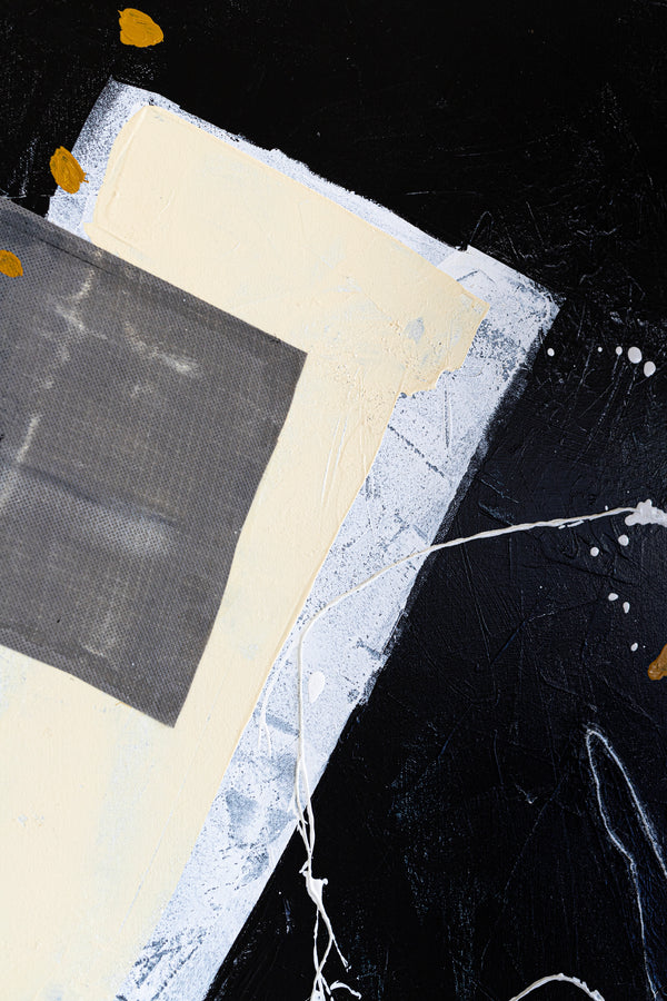 Dynamic Mixed Media Modern Abstract Original Painting, Canvas Wall Art in Monochrome Palette | Black abstract with objects (40"x40")