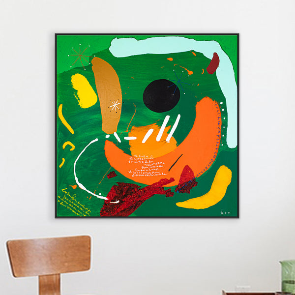 Bright & Airy Modern Abstract Original Mixed Media Painting, Vibrant Canvas Wall Art | Black dot in green mentality (36"x36")