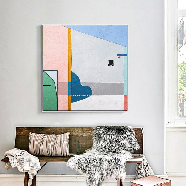 Geometric Modern Abstract Original Acrylic Painting, Calm and Warm Contemporary Canvas Wall Art | Blue chair