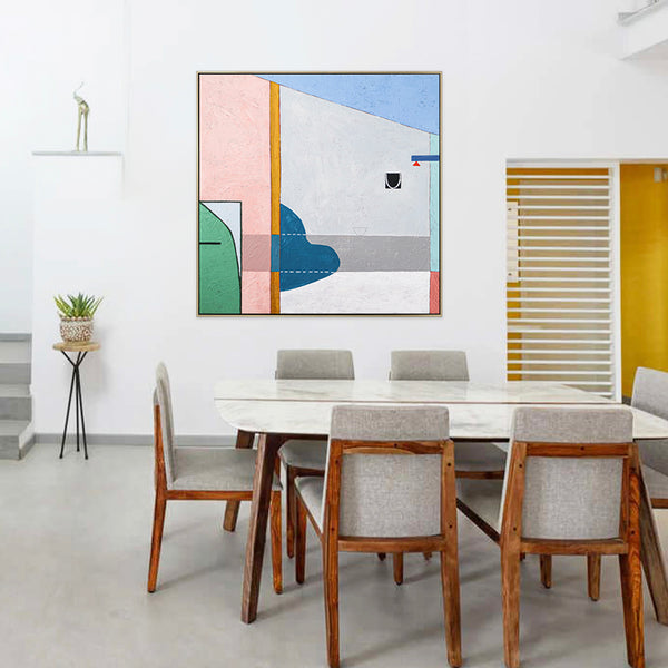 Geometric Modern Abstract Original Acrylic Painting, Calm and Warm Contemporary Canvas Wall Art | Blue chair