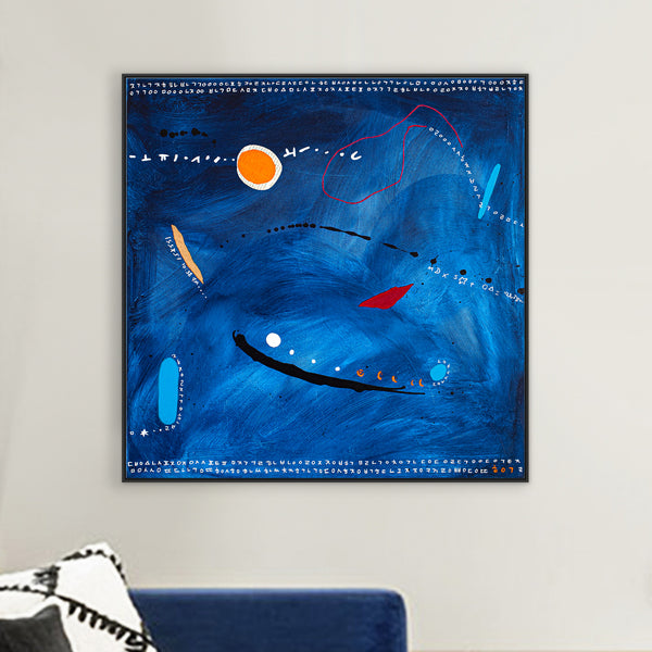 Original Abstract Mixed Media Painting, Modern Canvas Wall Art Illustrating Vibrant Night Scenery with Brush Strokes | Blues (30"x30")