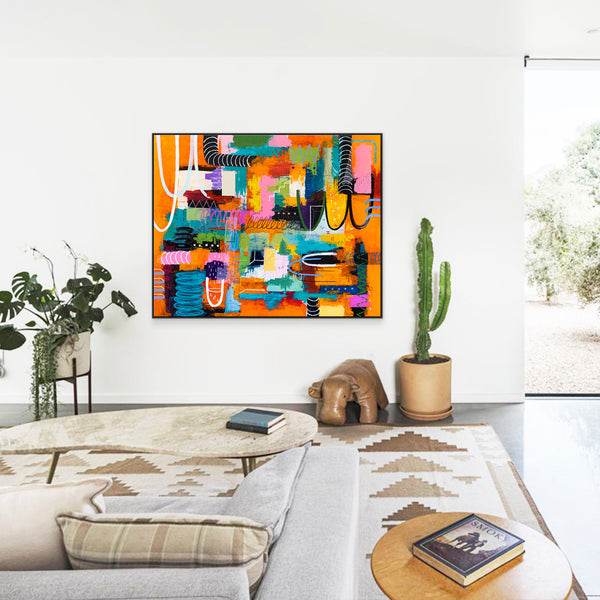 Vibrant Modern Abstract Painting, Unrestrained Expressions in Canvas Wall Art | Cadmium orange mindscape (60"x48")