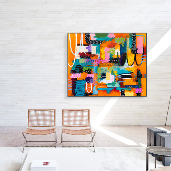 Vibrant Modern Abstract Painting, Unrestrained Expressions in Canvas Wall Art | Cadmium orange mindscape (60"x48")