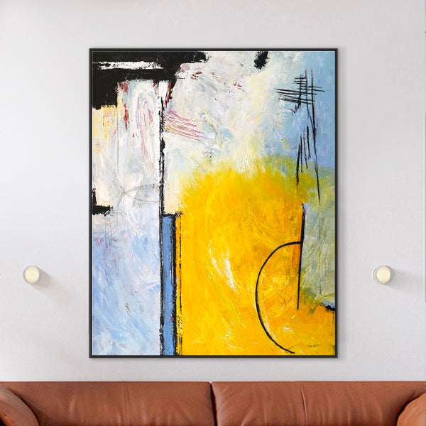 Modern Original Abstract Acrylic Painting, Canvas Wall Art of Yellow and Sky Blue | Composition C (Vertical Ver.)