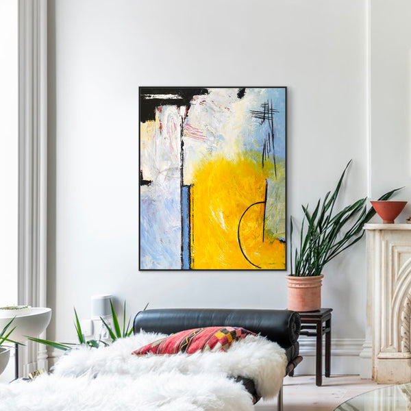 Modern Original Abstract Acrylic Painting, Canvas Wall Art of Yellow and Sky Blue | Composition C (Vertical Ver.)