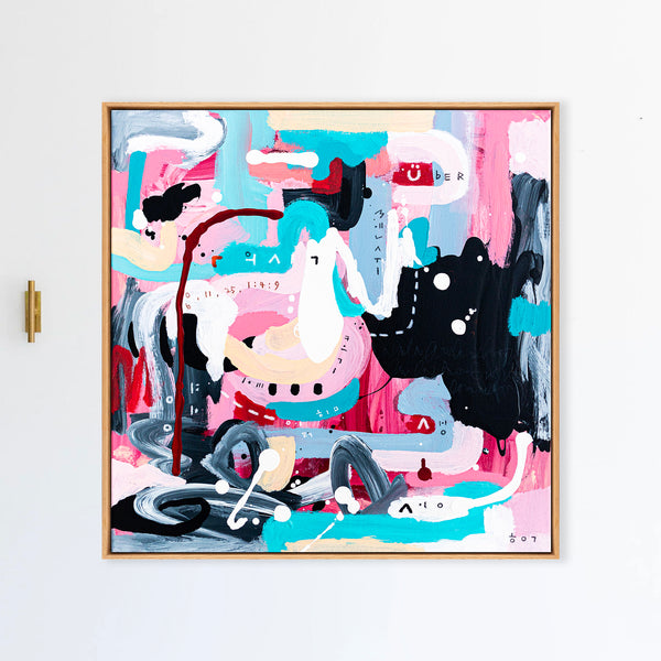 Abstract Painting - Original Wall Art – Oil & Acrylic on Canvas – Yellow Pink Turquoise Modern Wall Art – Confinium III (20"x20" | 50x50cm)
