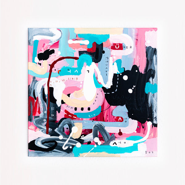 Abstract Painting - Original Wall Art – Oil & Acrylic on Canvas – Yellow Pink Turquoise Modern Wall Art – Confinium III (20"x20" | 50x50cm)