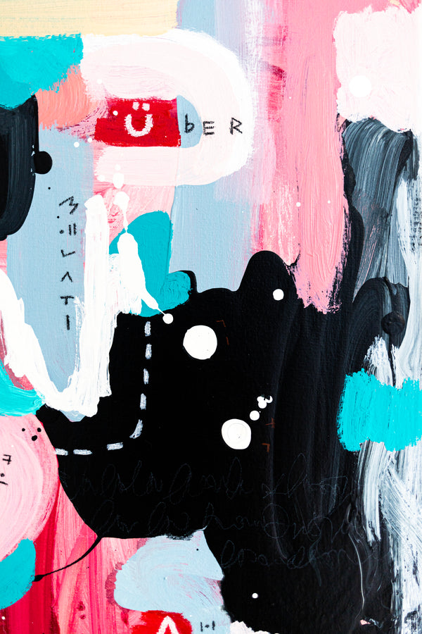 Abstract Painting - Original Wall Art – Oil & Acrylic on Canvas – Yellow Pink Turquoise Modern Wall Art – Confinium III (20"x20" | 50x50cm)