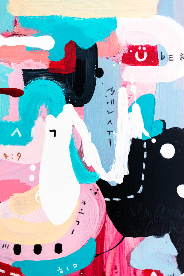 Abstract Painting - Original Wall Art – Oil & Acrylic on Canvas – Yellow Pink Turquoise Modern Wall Art – Confinium III (20"x20" | 50x50cm)