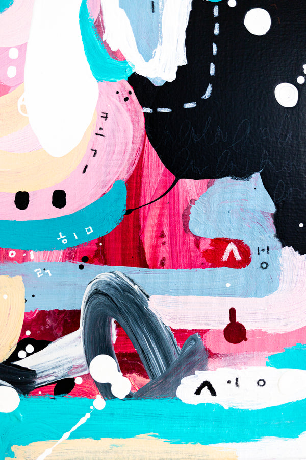 Abstract Painting - Original Wall Art – Oil & Acrylic on Canvas – Yellow Pink Turquoise Modern Wall Art – Confinium III (20"x20" | 50x50cm)