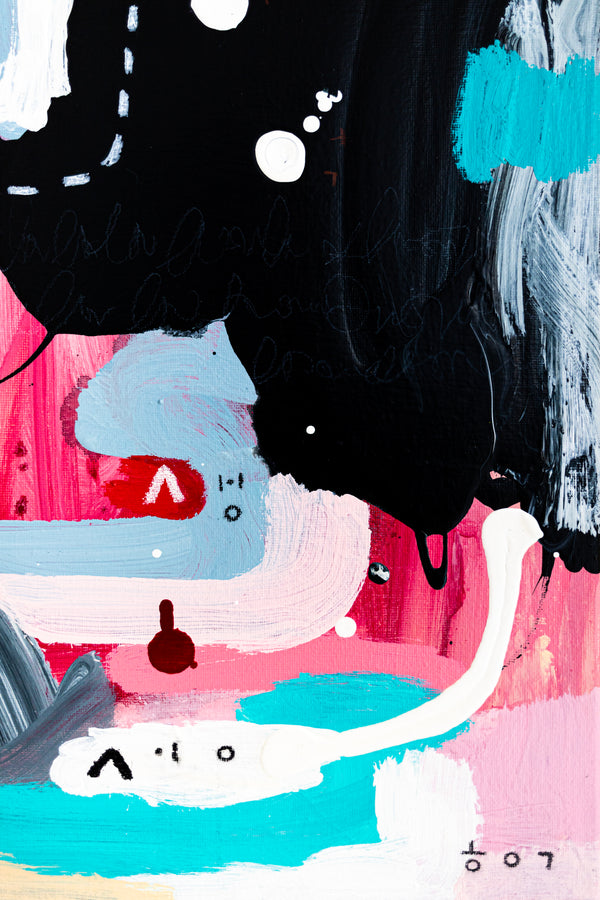 Abstract Painting - Original Wall Art – Oil & Acrylic on Canvas – Yellow Pink Turquoise Modern Wall Art – Confinium III (20"x20" | 50x50cm)