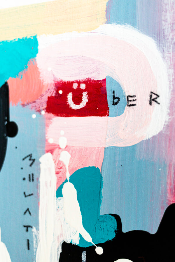 Abstract Painting - Original Wall Art – Oil & Acrylic on Canvas – Yellow Pink Turquoise Modern Wall Art – Confinium III (20"x20" | 50x50cm)